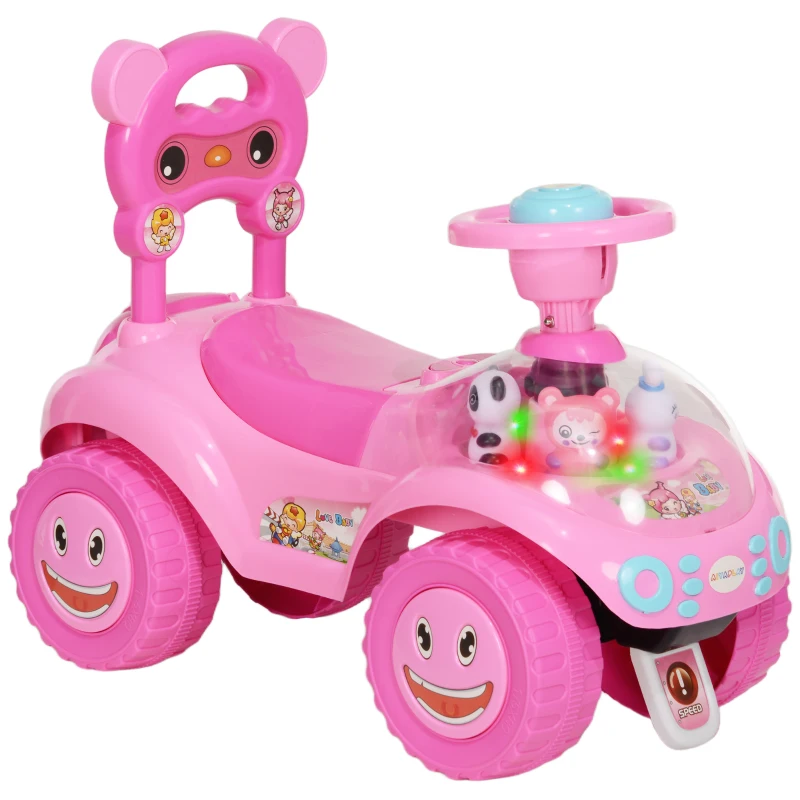 Qaba Toddlers Push Car with Horn, Light, Music, Anti-Over-Backwards Device, Steering Wheel, Under Seat Storage, Pink