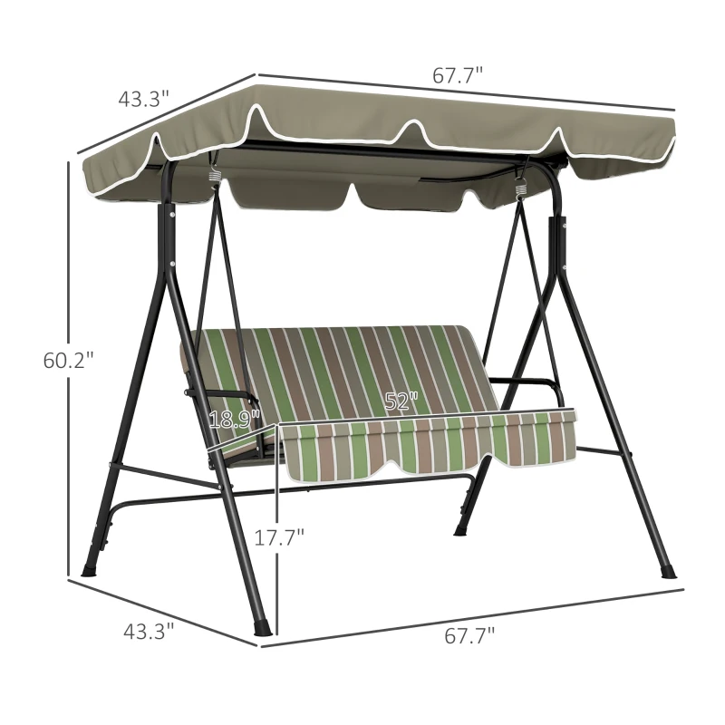 Outsunny 3-Seat Outdoor Patio Swing Chair w/ Cushion, Steel Frame Stand, Adjustable Tilt Canopy for Patio, Garden, Beige & Green