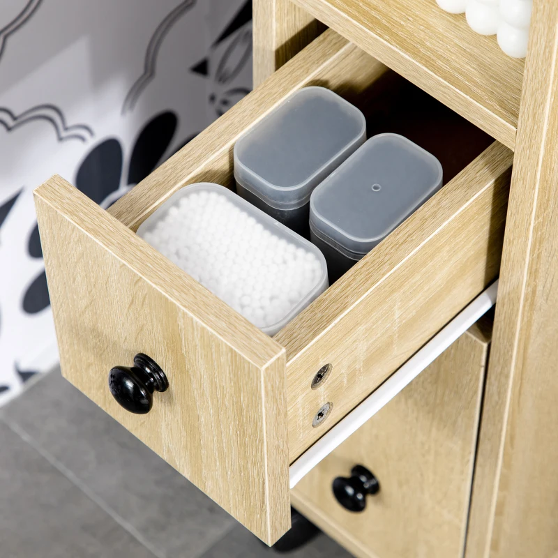 kleankin Freestanding Compact Design Bathroom Cabinet with 2 Open Cabinets, 1 Door Cabinet, 1 Drawer and 4 Rolling Wheels, Oak Grain Color