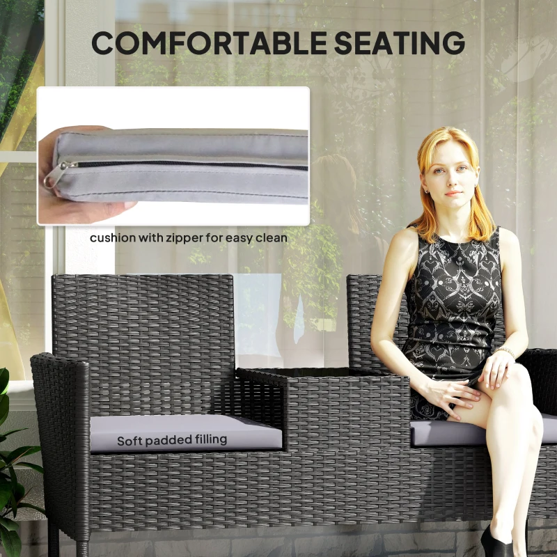 Outsunny Patio Furniture w/ Mid-Table PE Rattan Loveseat w/ Cushion, Light Grey