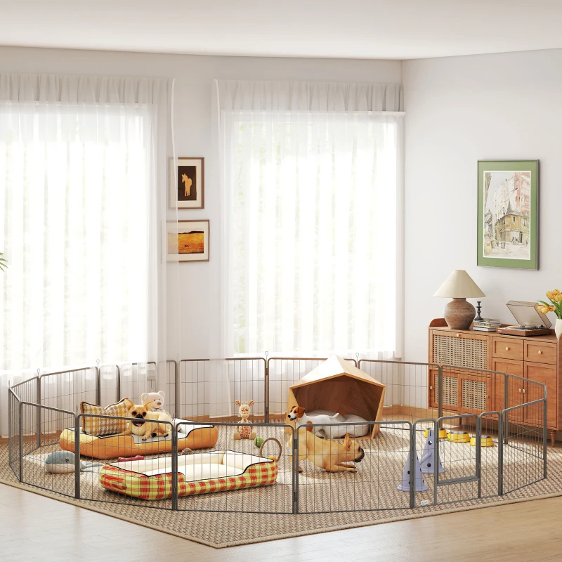 PawHut Heavy Duty Dog Playpen, 16 Panels Pet Playpen Dog Fence, Portable Puppy Exercise Pen, with 2 Doors Locking Latch, Outdoor or Indoor Use 23.5" Height