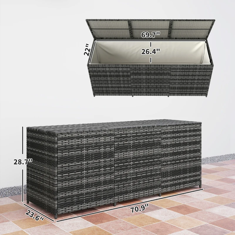 Outsunny 175 Gallon Outdoor Storage Box with Inner Liner, PE Rattan Wicker Deck Box with Pneumatic Bar Lift, Mixed Gray