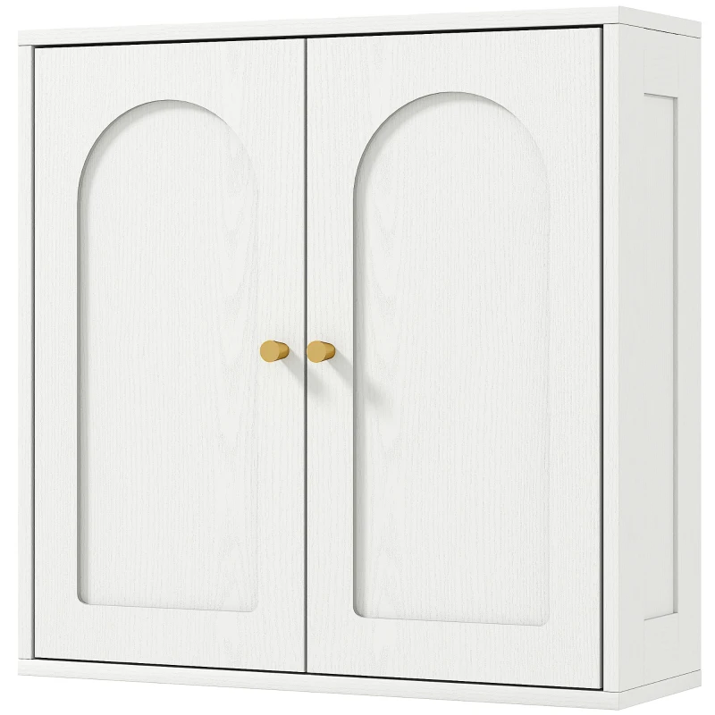 HOMCOM Medicine Cabinet, Modern Bathroom Wall Cabinet with 2 Arched Doors and Gold Handles, White Wood Grain