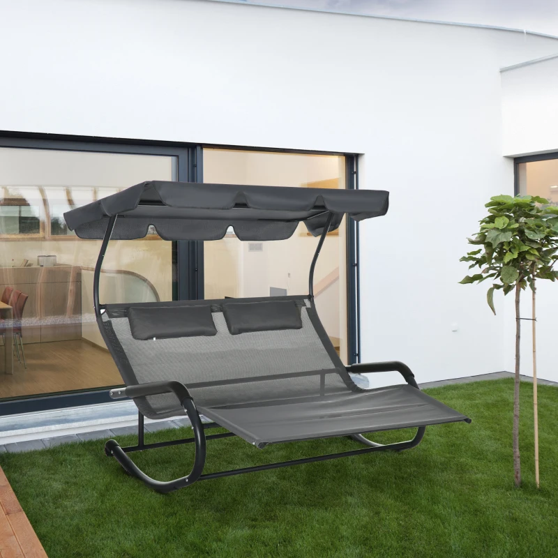 Outsunny Patio Outdoor Bed, Outdoor Chaise Sun Lounger for Two Person with Adjustable Canopy, Detachable Pillows, and Wheels for Sun Room, Garden, Poolside, Dark Gray