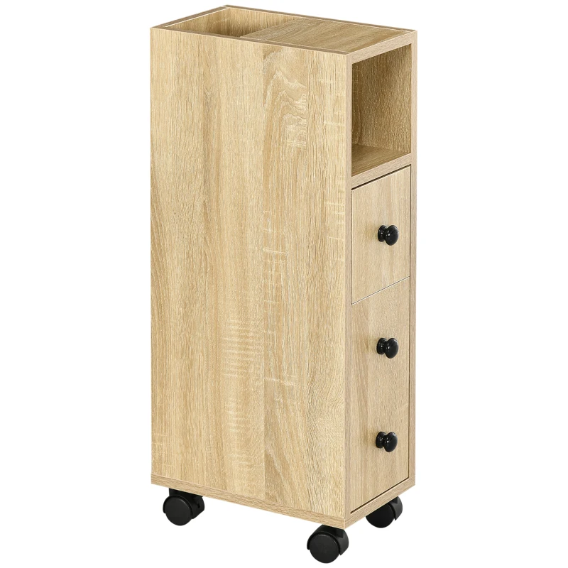 kleankin Freestanding Compact Design Bathroom Cabinet with 2 Open Cabinets, 1 Door Cabinet, 1 Drawer and 4 Rolling Wheels, Oak Grain Color