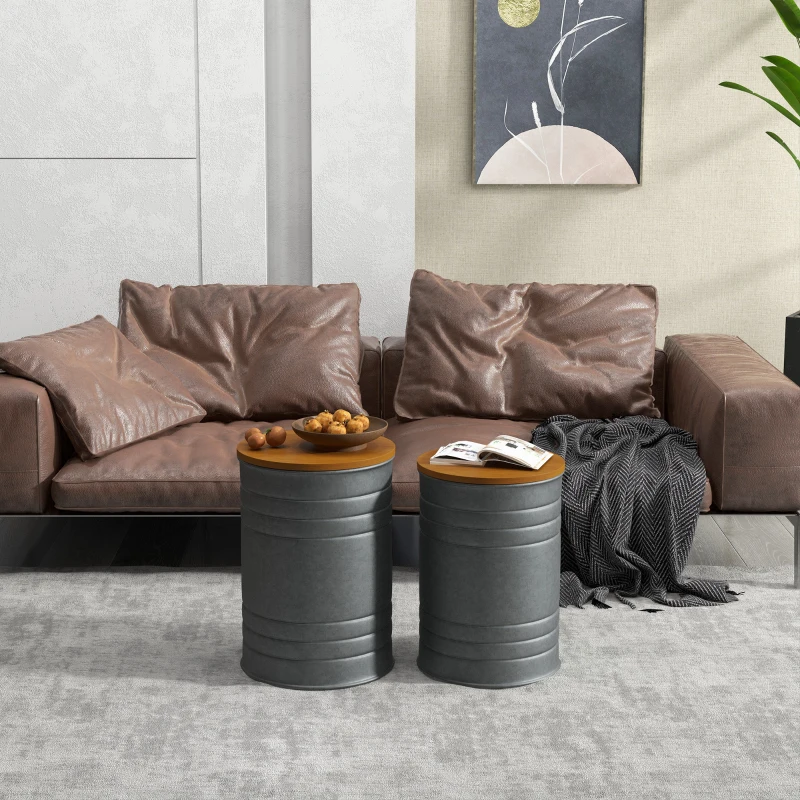 HOMCOM Round Side Table Set of 2, Nesting Coffee Tables w/ Wooden Lid, Galvanized Sheet Frame and Hidden Storage Space, Grey