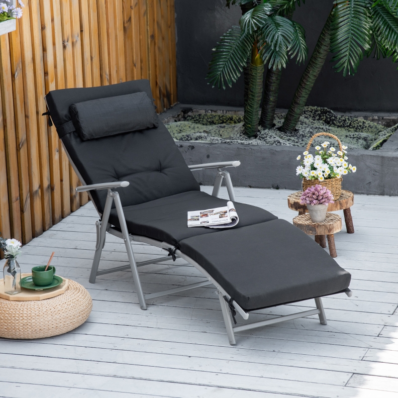 Outsunny Outdoor Folding Chaise Lounge Chair Recliner with Portable Design, Adjustable Backrest, Cushion and Headrest, Black