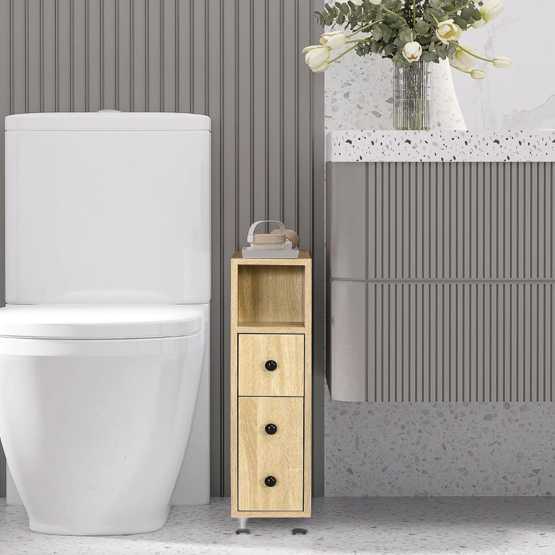 kleankin Freestanding Compact Design Bathroom Cabinet with 2 Open Cabinets, 1 Door Cabinet, 1 Drawer and 4 Rolling Wheels, Oak Grain Color