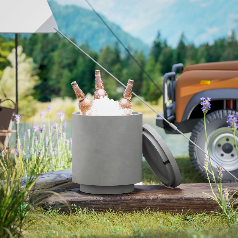 HOMCOM 2.6 Gal Outdoor Side Table, 3-In-1 Concrete Cooler Bar Table with Storage, Removable Ice Bucket and Lid, Light Grey