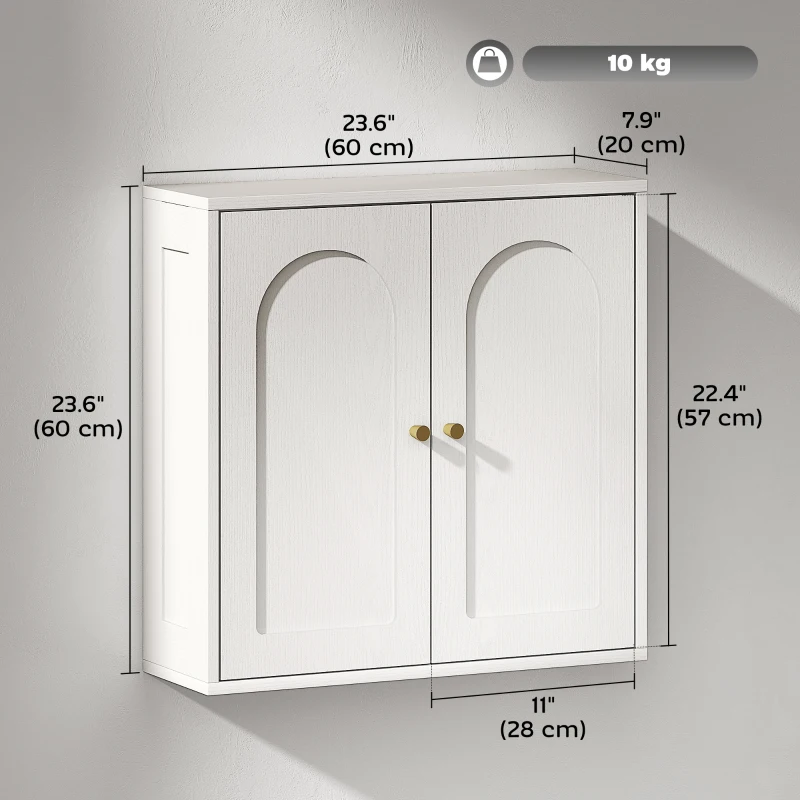 HOMCOM Medicine Cabinet, Modern Bathroom Wall Cabinet with 2 Arched Doors and Gold Handles, White Wood Grain