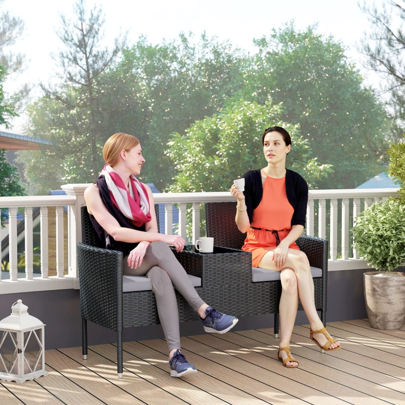 Outsunny Patio Furniture w/ Mid-Table PE Rattan Loveseat w/ Cushion, Light Grey