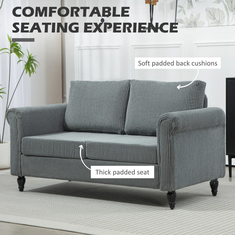 HOMCOM Vintage Loveseat, Upholstered Love Seat Furniture, Fabric 2 Seater Sofa with Rolled Arms, Rubber Wood Legs, Grey