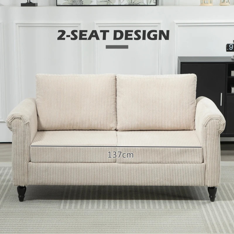 HOMCOM Vintage Loveseat, Upholstered Love Seat Furniture, Fabric 2 Seater Sofa with Rolled Arms, Rubber Wood Legs, Beige