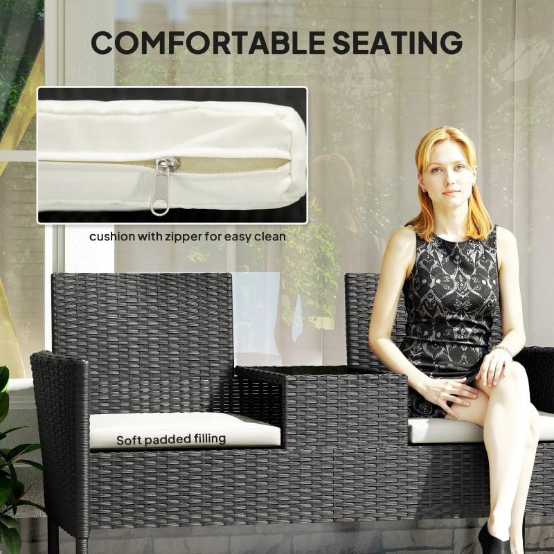 Outsunny Patio Furniture w/ Mid-Table PE Rattan Loveseat w/ Cushion, Cream White