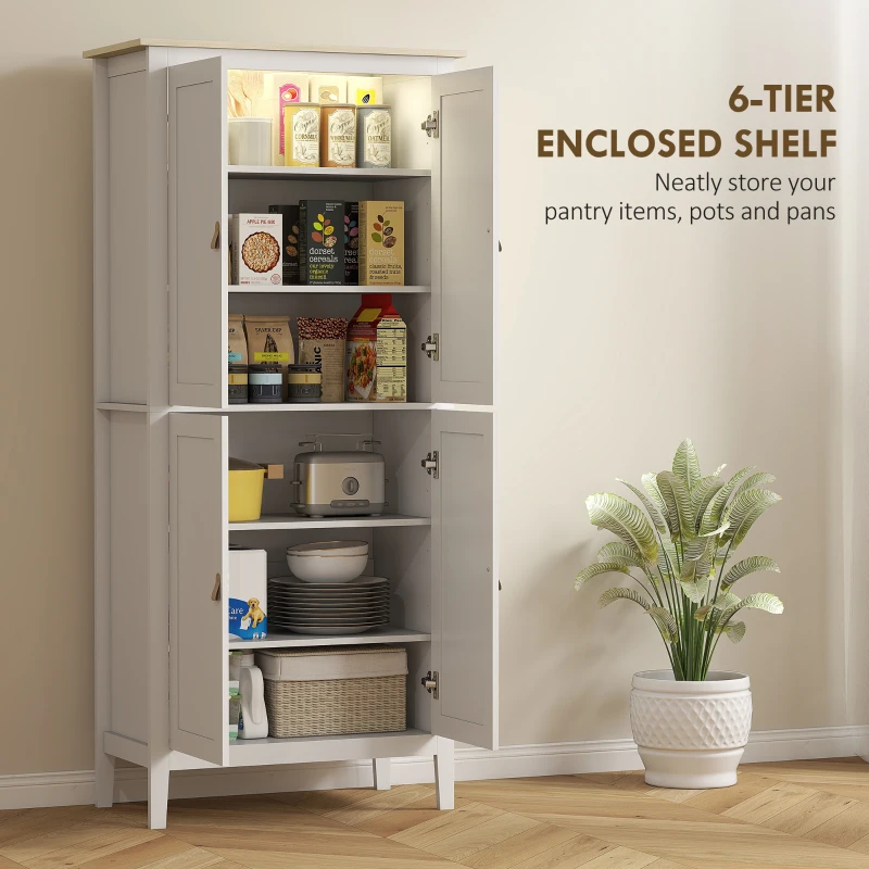 HOMCOM 69.5" Tall Kitchen Pantry Storage Cabinet with Motion Sensor LED Light, Modern Kitchen Pantry Cabinet, White