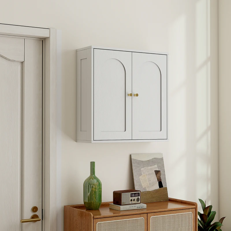 HOMCOM Medicine Cabinet, Modern Bathroom Wall Cabinet with 2 Arched Doors and Gold Handles, White Wood Grain