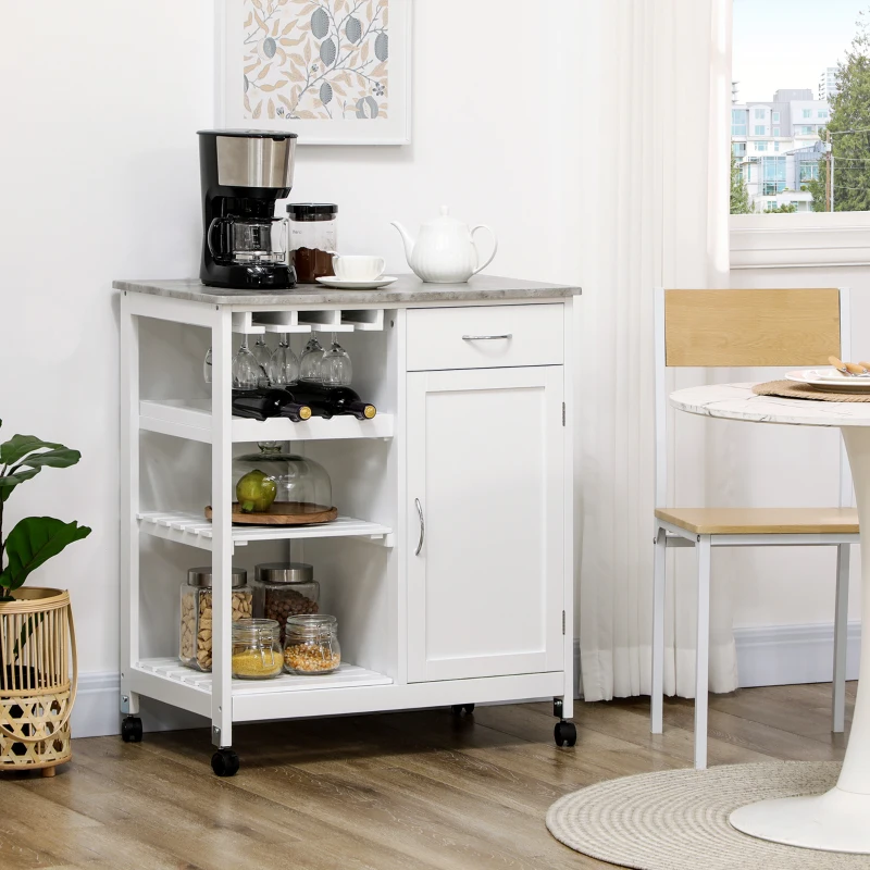 HOMCOM Rolling Kitchen Cart, Bar Cart on Wheels with Wine Rack, Drawer, Open Shelves, Cabinet and Faux Marble Top, Kitchen Island with Storage, White