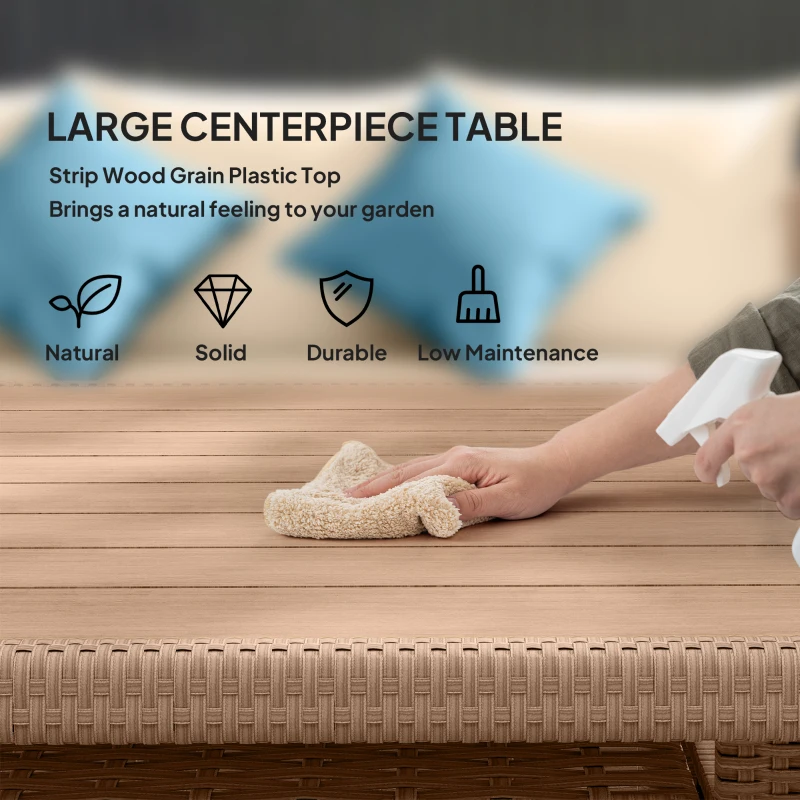 Outsunny 6 Pieces Patio Furniture Set, Outdoor Wicker Sofa Set, All Weather PE Rattan Conversation Furniture, with Strip Wood Grain Plastic Coffee Table & Cushions, Khaki