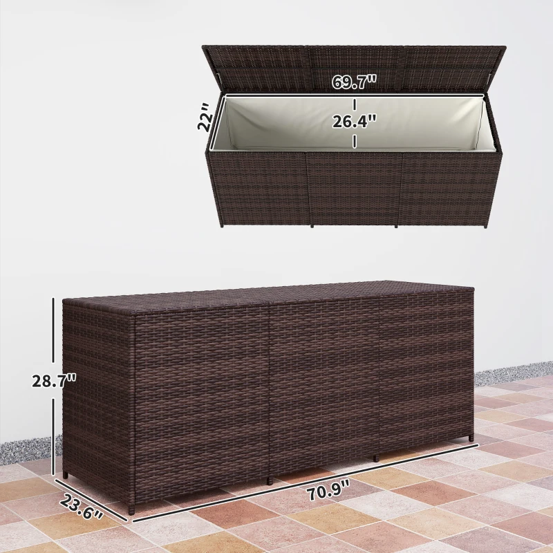 Outsunny 175 Gallon Outdoor Storage Box with Inner Liner, PE Rattan Wicker Deck Box with Pneumatic Bar Lift, Mixed Brown