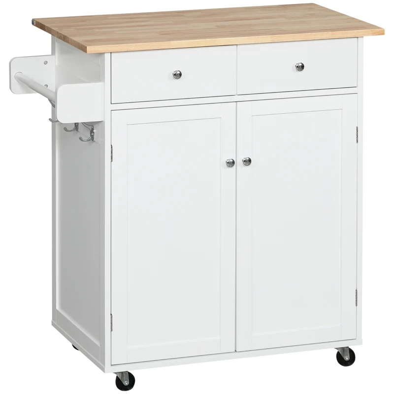 HOMCOM Rolling Kitchen Island with Storage, Kitchen Cart with Rubber Wood Top, Adjustable Shelf, Towel Rack, Hooks and Storage Drawers, White