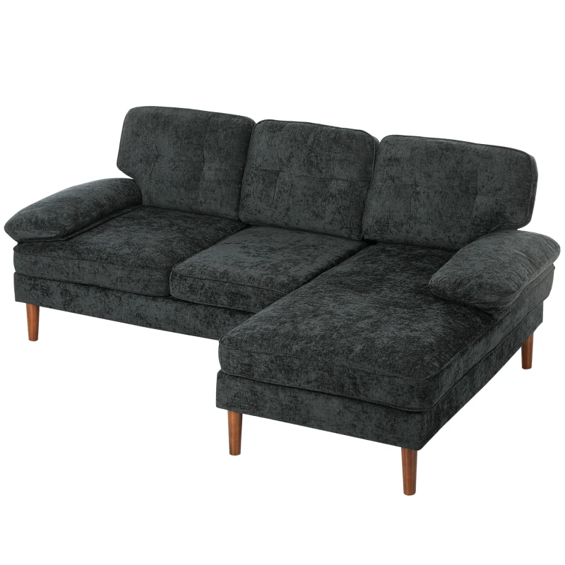 HOMCOM Modern Corner Couch with Right Chaise Lounge, Tufted 3-Seater Sofa with Wooden Legs for Living Room, Black