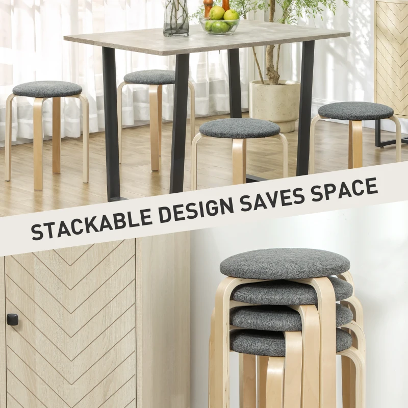HOMCOM Stackable Wood Stools Set of 4, Stacking Kitchen Stools with Padded Seat for Dining Room, Living Room, Grey