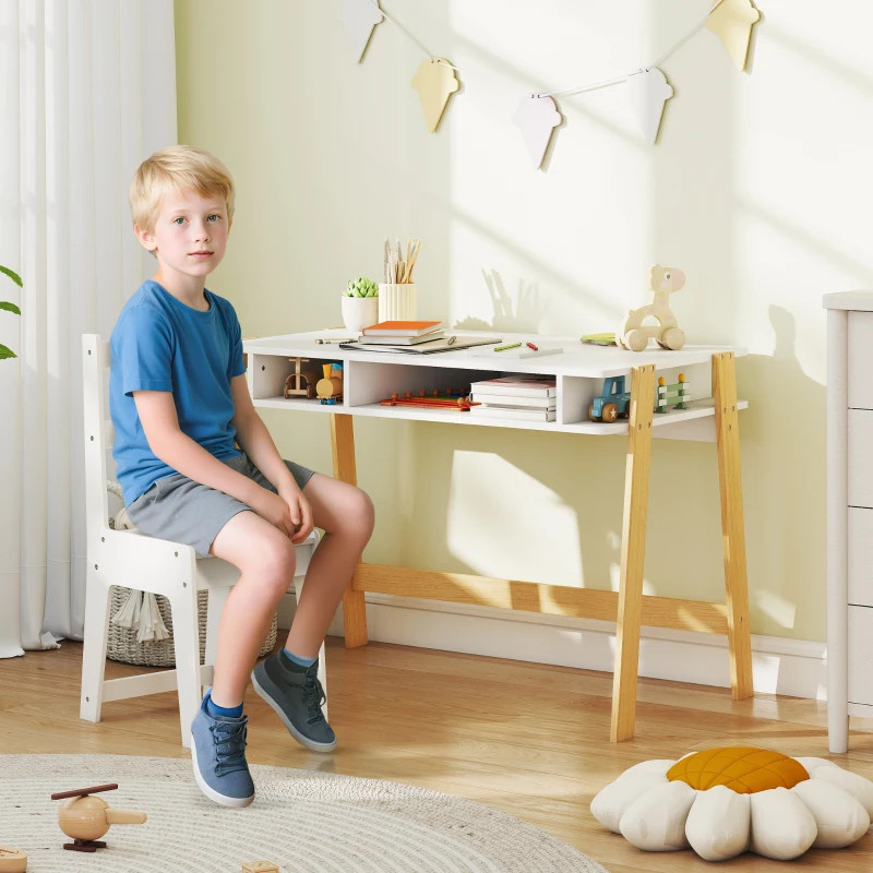 Qaba Kids Desk and Chair Set with Storage for Bedroom, School, Gift for Children Ages 3-12, White