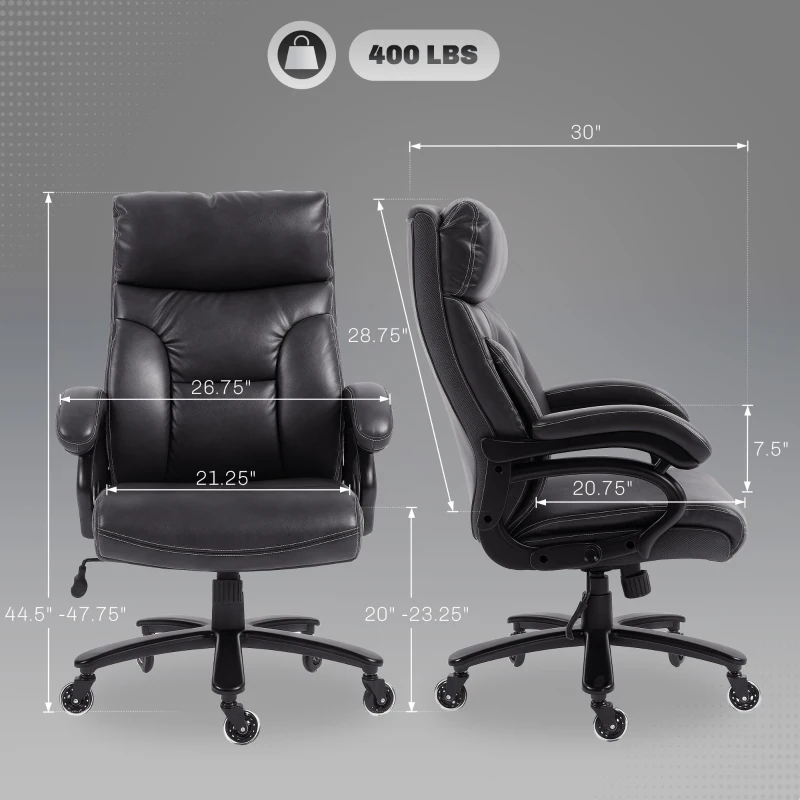 Vinsetto Big and Tall Office Chair, 400 lbs, Executive Computer Desk Chair with PU Leather, Swivel Wheels, Black