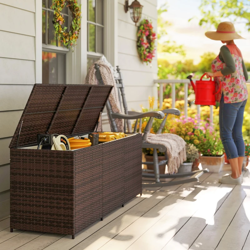 Outsunny 175 Gallon Outdoor Storage Box with Inner Liner, PE Rattan Wicker Deck Box with Pneumatic Bar Lift, Mixed Brown