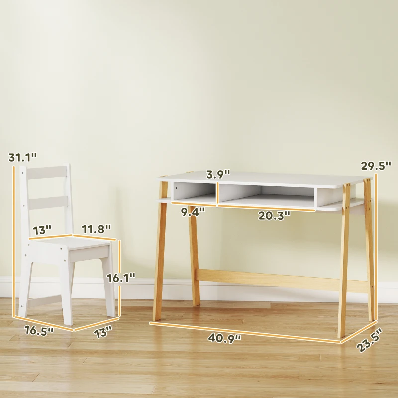 Qaba Kids Desk and Chair Set with Storage for Bedroom, School, Gift for Children Ages 3-12, White