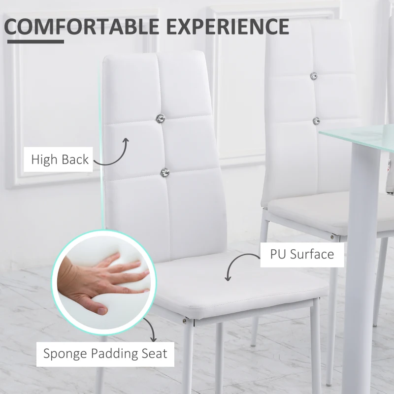 HOMCOM Set of 4 Modern Style Dining Chairs, Button Tufted High Back Side Chairs with Upholstered Seat, Steel Legs, White