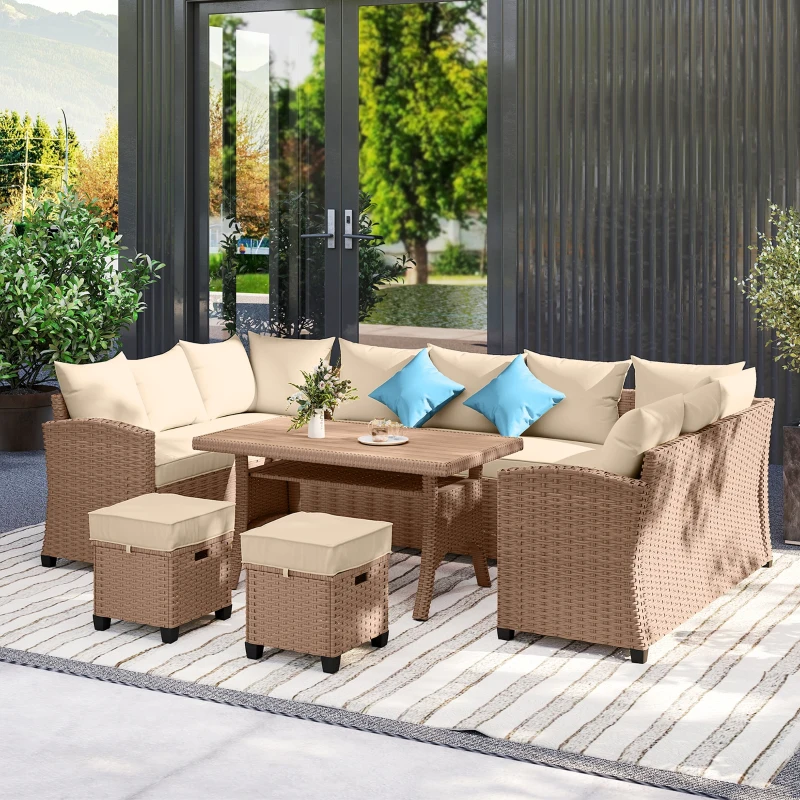 Outsunny 6 Pieces Patio Furniture Set, Outdoor Wicker Sofa Set, All Weather PE Rattan Conversation Furniture, with Strip Wood Grain Plastic Coffee Table & Cushions, Khaki