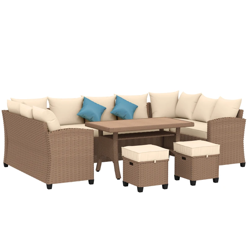 Outsunny 6 Pieces Patio Furniture Set, Outdoor Wicker Sofa Set, All Weather PE Rattan Conversation Furniture, with Strip Wood Grain Plastic Coffee Table & Cushions, Khaki