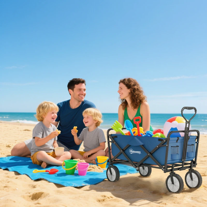 Outsunny Small Collapsible Folding Wagon Cart, Heavy Duty Outdoor Utility Garden Cart with Universal Wheels and Adjustable Handle for Camping Sports Shopping Beach, Navy Blue