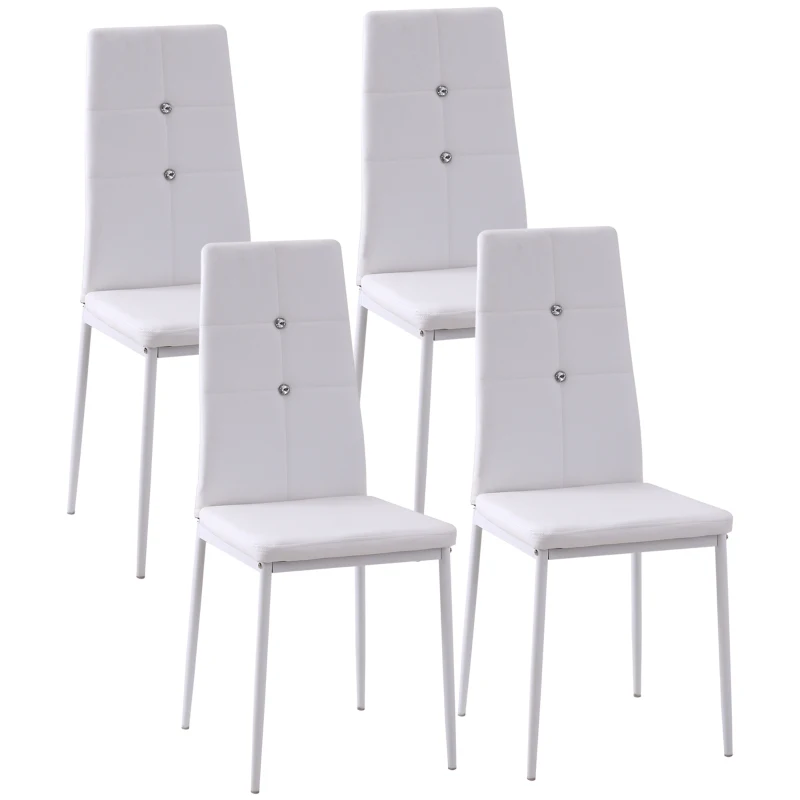 HOMCOM Set of 4 Modern Style Dining Chairs, Button Tufted High Back Side Chairs with Upholstered Seat, Steel Legs, White