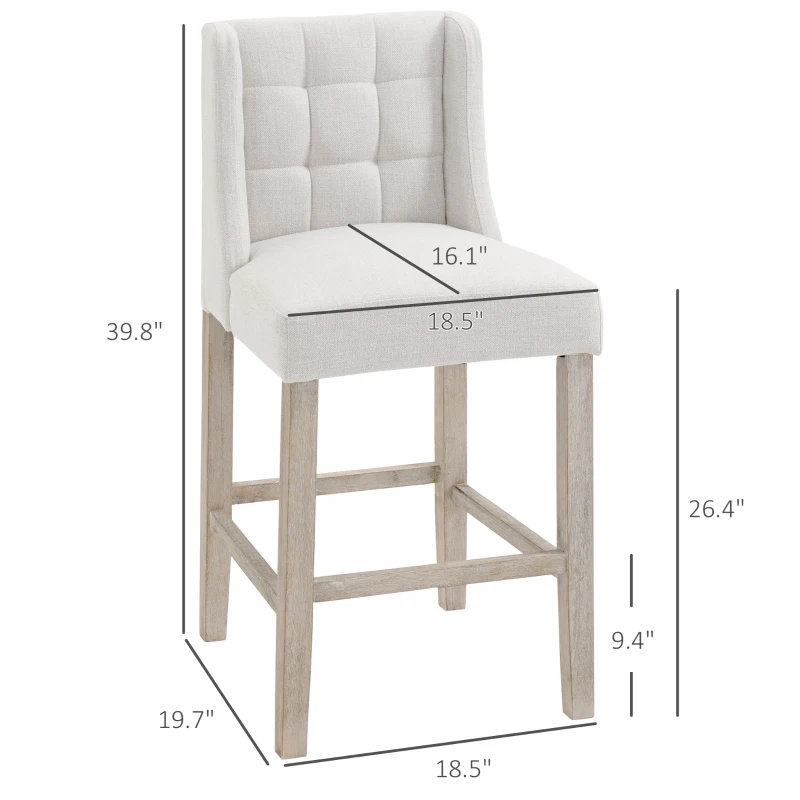HOMCOM Modern Bar Stools, Tufted Upholstered Barstools, Pub Chairs with Back, Rubber Wood Legs for Kitchen, Dinning Room, Set of 2, Beige