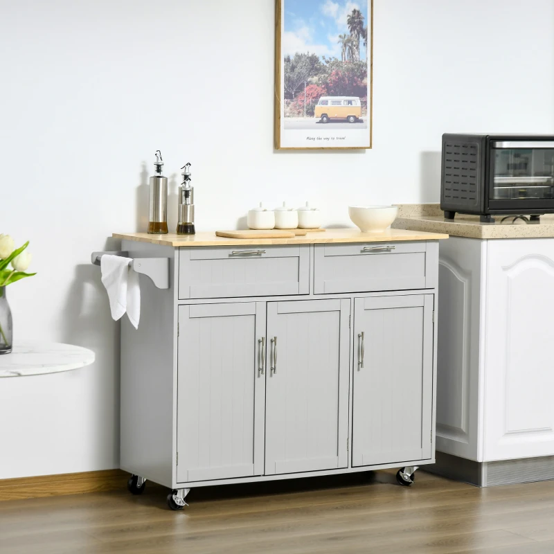 HOMCOM Rolling Kitchen Island, Kitchen Cart on Wheels with 2 Storage Drawers, 3 Door Cabinets and Towel Rack for Dining Room (Grey, 3-Doors)