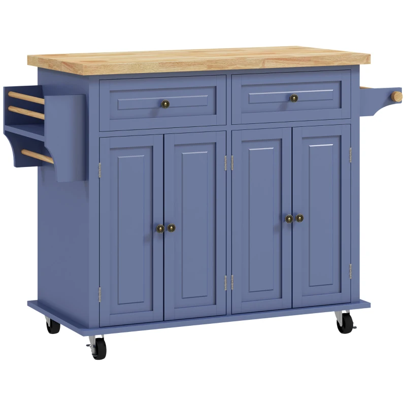 HOMCOM Kitchen Island with Storage, Rolling Trolley Cart with Rubber Wood Top, Spice Rack, Towel Rack, Navy Blue