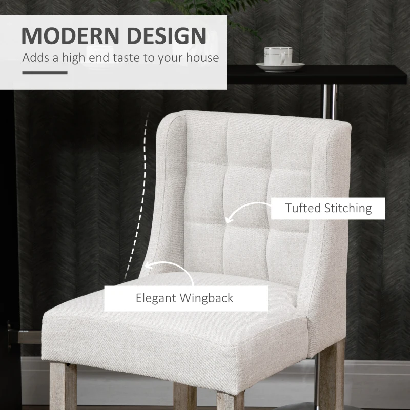 HOMCOM Modern Bar Stools, Tufted Upholstered Barstools, Pub Chairs with Back, Rubber Wood Legs for Kitchen, Dinning Room, Set of 2, Beige