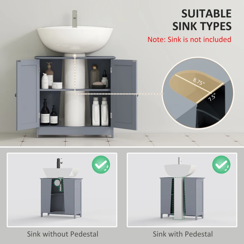 HOMCOM Under Sink Bathroom Cabinet, Pedestal Sink Storage Cabinet with 2 Doors, Shelf and U-Shape, Gray