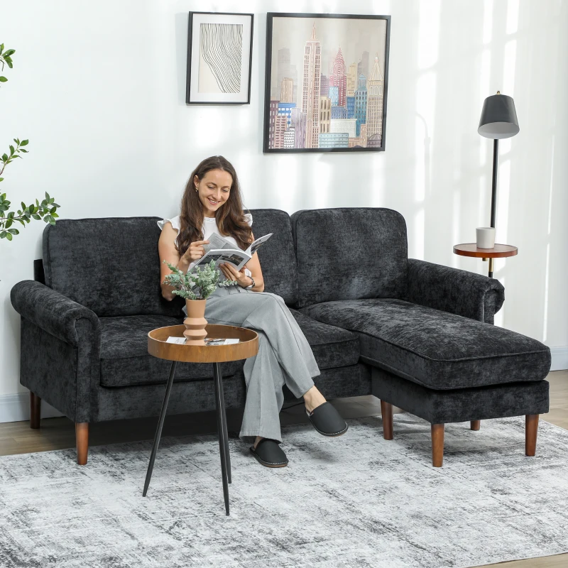 HOMCOM L Shape Sofa, Modern Sectional Couch with Changeable Chaise Lounge, Wooden Legs, Corner Sofa for Living Room, Black