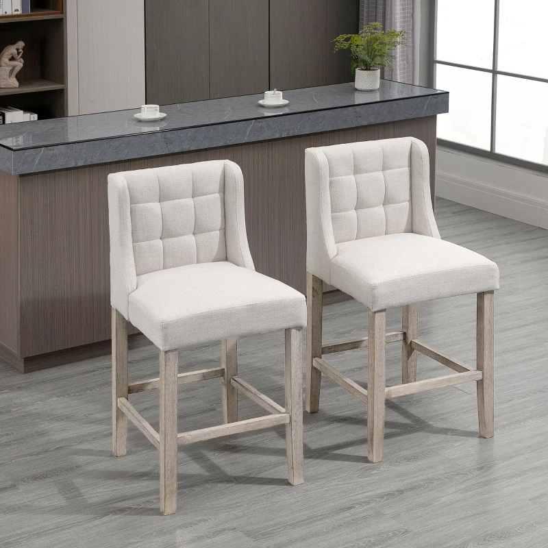 HOMCOM Modern Bar Stools, Tufted Upholstered Barstools, Pub Chairs with Back, Rubber Wood Legs for Kitchen, Dinning Room, Set of 2, Beige