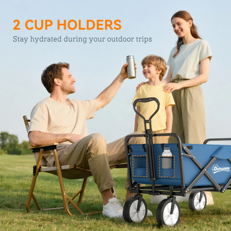 Outsunny Small Collapsible Folding Wagon Cart, Heavy Duty Outdoor Utility Garden Cart with Universal Wheels and Adjustable Handle for Camping Sports Shopping Beach, Navy Blue