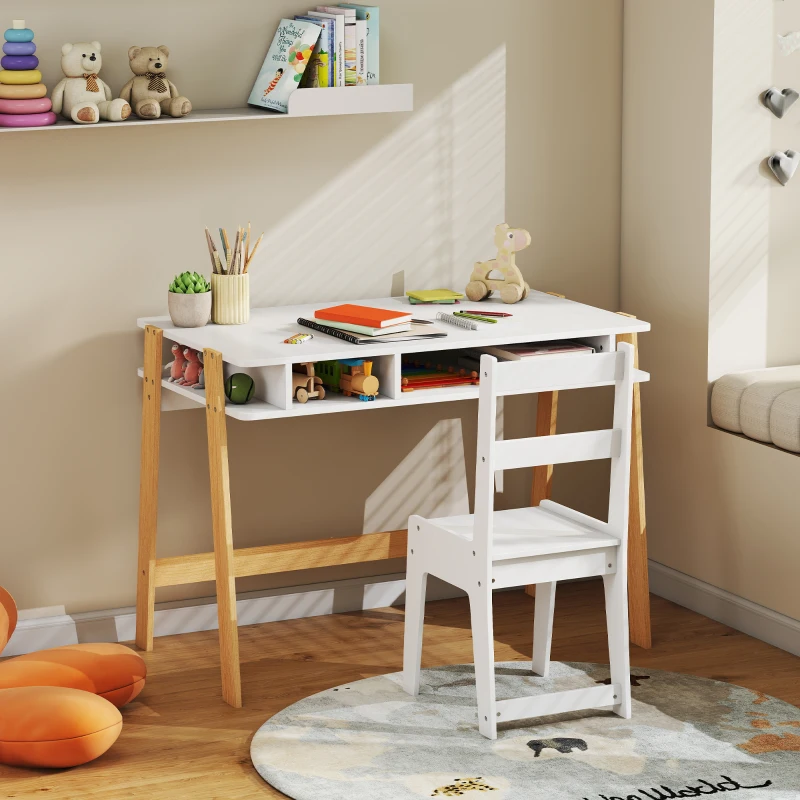 Qaba Kids Desk and Chair Set with Storage for Bedroom, School, Gift for Children Ages 3-12, White