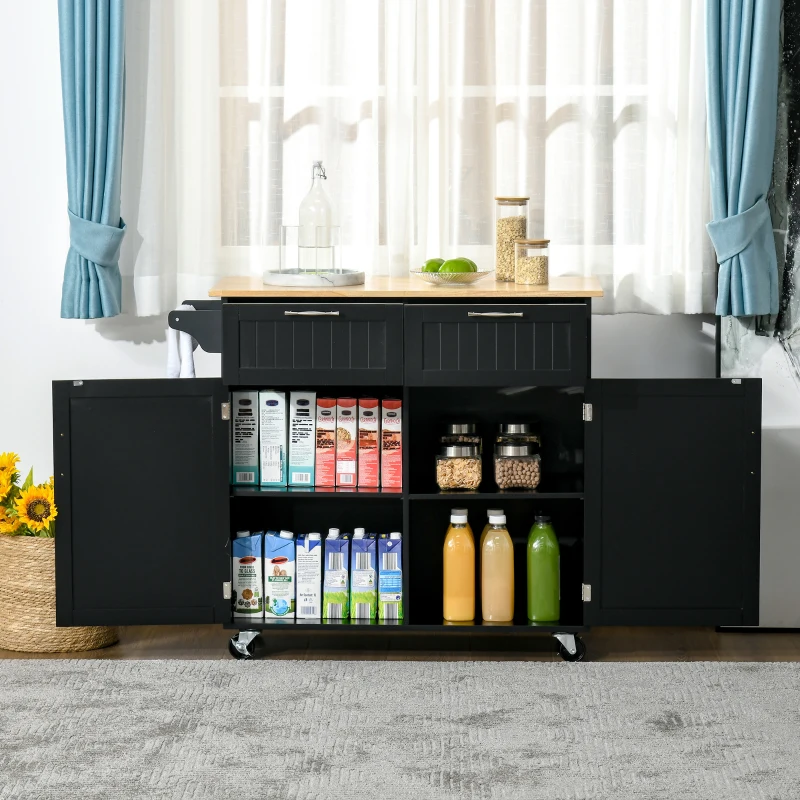 HOMCOM Rolling Kitchen Island, Kitchen Cart on Wheels with 2 Storage Drawers, 2 Door Cabinets and Towel Rack for Dining Room (Black, 2-Doors)