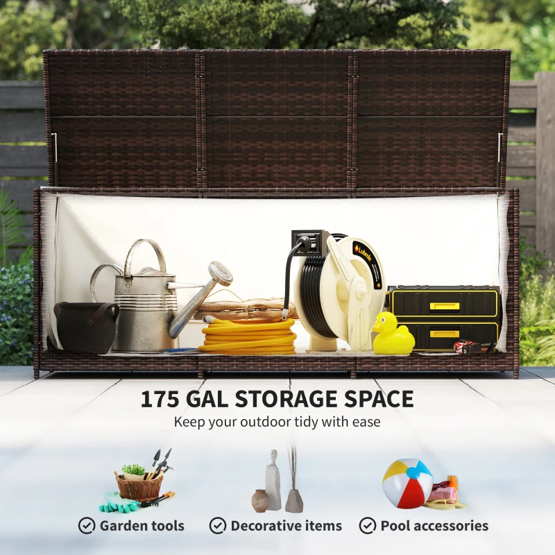 Outsunny 175 Gallon Outdoor Storage Box with Inner Liner, PE Rattan Wicker Deck Box with Pneumatic Bar Lift, Mixed Brown