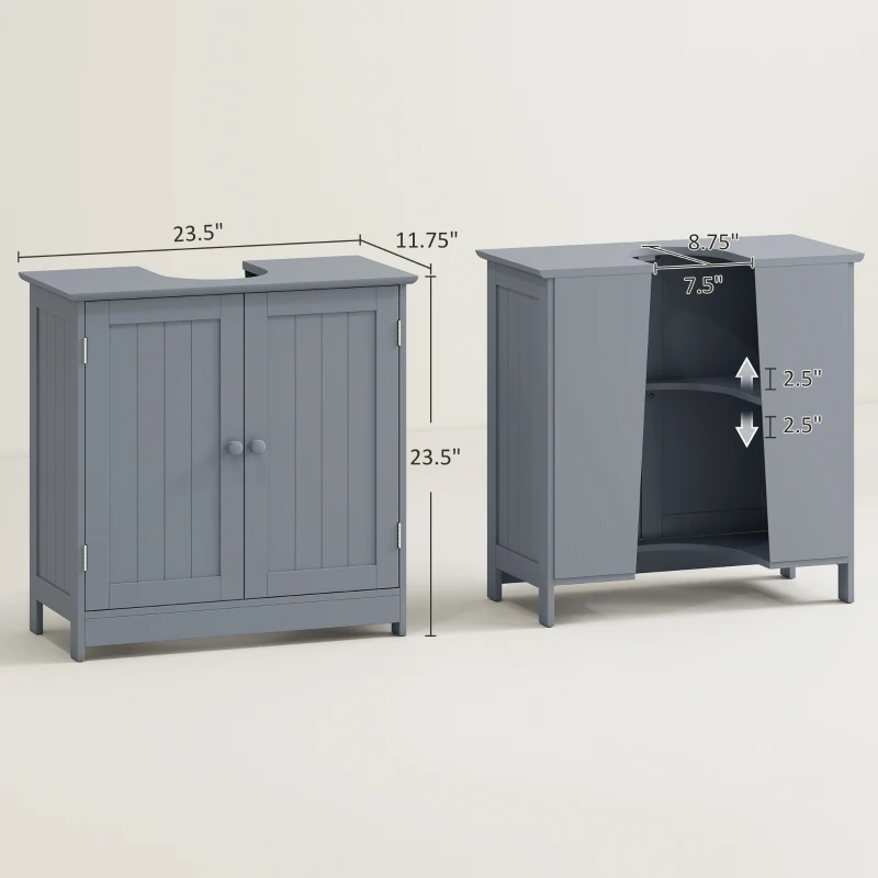 HOMCOM Under Sink Bathroom Cabinet, Pedestal Sink Storage Cabinet with 2 Doors, Shelf and U-Shape, Gray