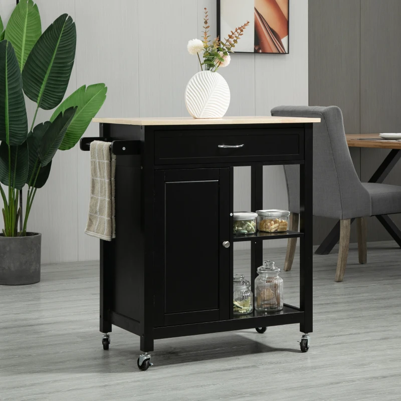 HOMCOM Rolling Kitchen Cart with Wood Top and Drawer, Kitchen Island on Wheels for Dining Room, Black | Aosom Canada