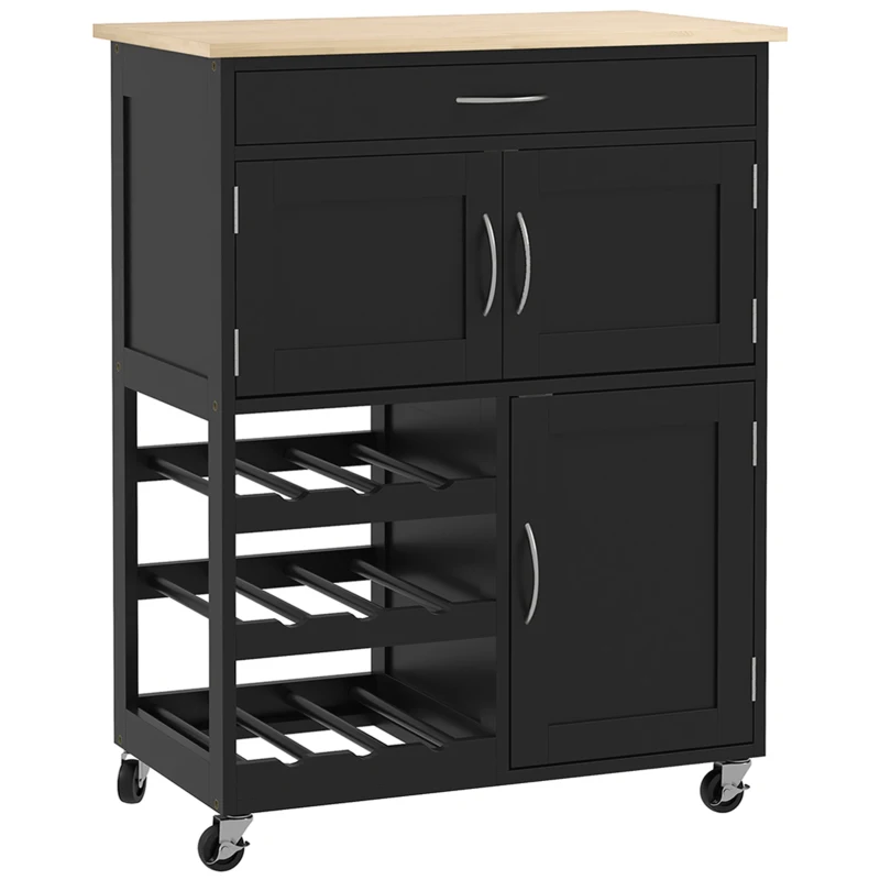 HOMCOM Rolling Kitchen Cart, Kitchen Island with Storage Drawer, 9-bottle Wine Rack, Door Cabinets, Wooden Countertop, Black