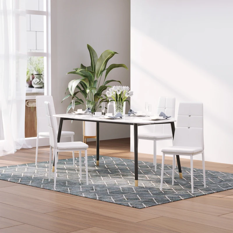 HOMCOM Set of 4 Modern Style Dining Chairs, Button Tufted High Back Side Chairs with Upholstered Seat, Steel Legs, White